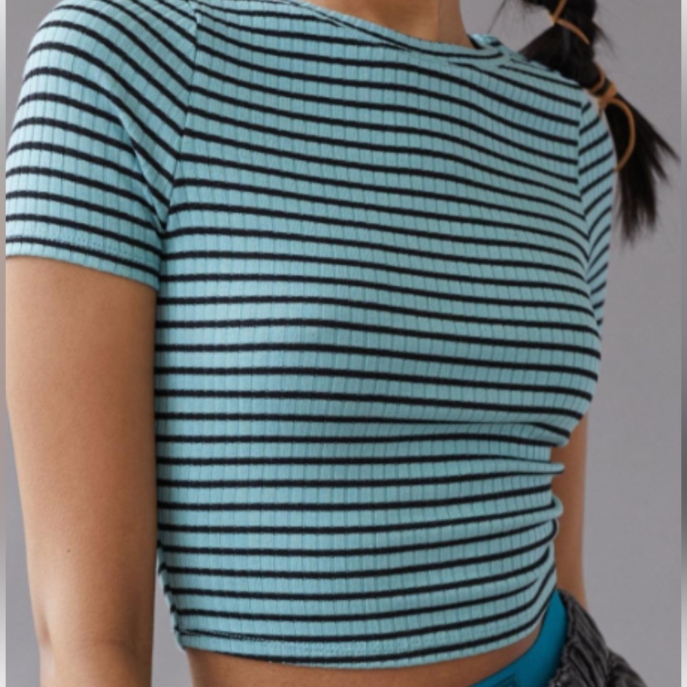 Urban Renewal Remnants Striped Baby Tee. Aqua and Black. Size S/P.